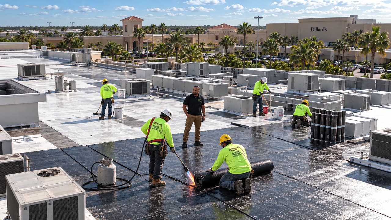 Aerial view of the Florida Precision Roofing crew installing modified bitumen on a large retail roof with rooftop HVAC units